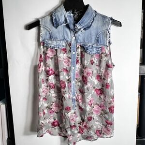 Papillon Women's Medium Sleeveless Denim Floral Chiffon Button Front Top EUC